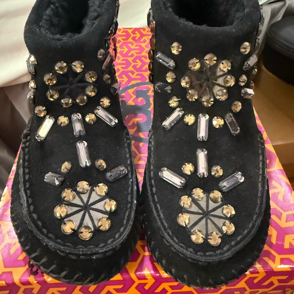 Tory Burch embellished moccasin bootie.